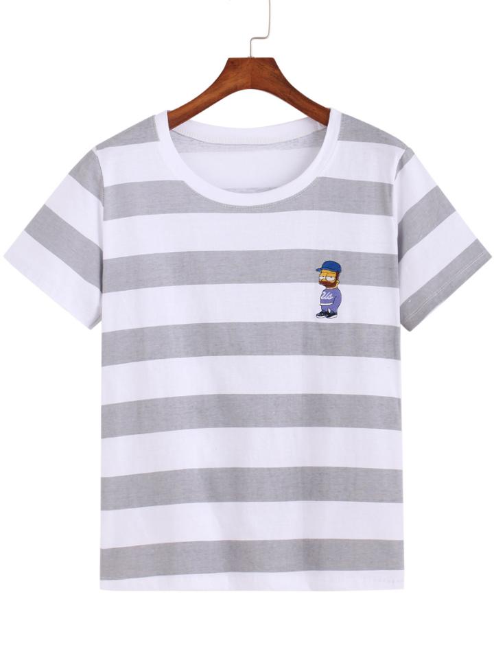Romwe Simpson Embroidered Striped T-shirt