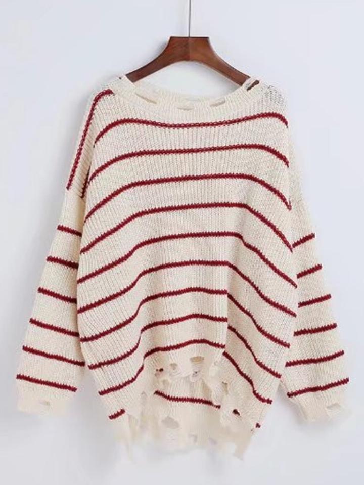 Romwe Ripped Trim Striped Boyfriend Sweater