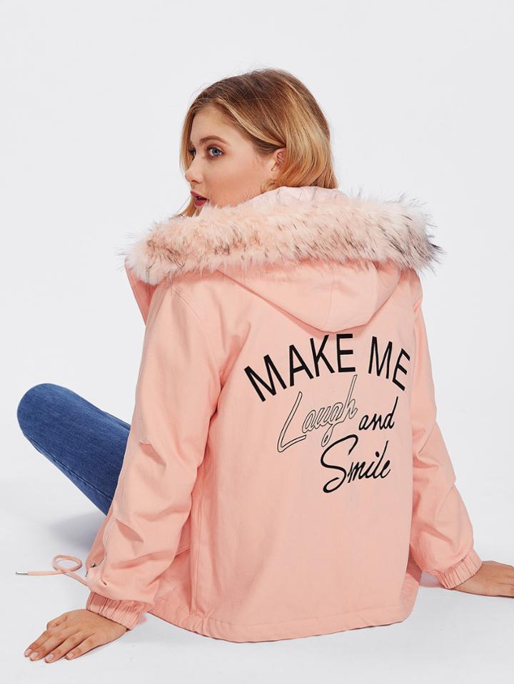 Romwe Print Back Coat With Faux Fur Trim Hoodie