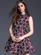 Romwe Purple Round Neck Sleeveless Beading Jacquard Dress