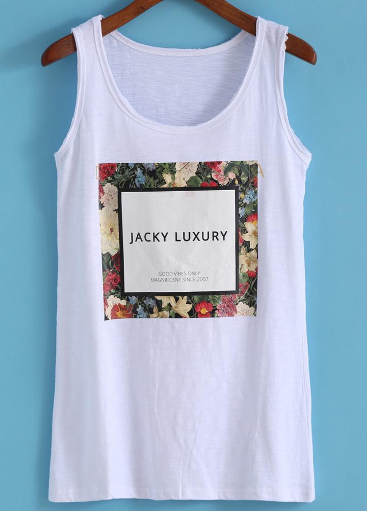 Romwe Letter Flower Print White Tank Top