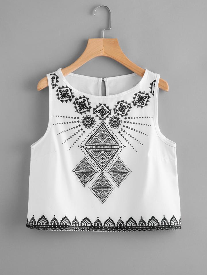 Romwe Aztec Print Keyhole Back Crop Tank Top