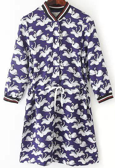 Romwe Blue Drawstring Waist Swan Print Dress