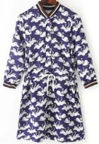 Romwe Blue Drawstring Waist Swan Print Dress