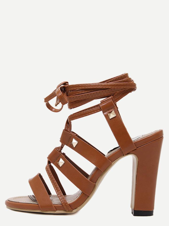 Romwe Brown Studs Strappy Chunky Sandals