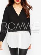 Romwe White Black Long Sleeve V Neck Color Block Blouse