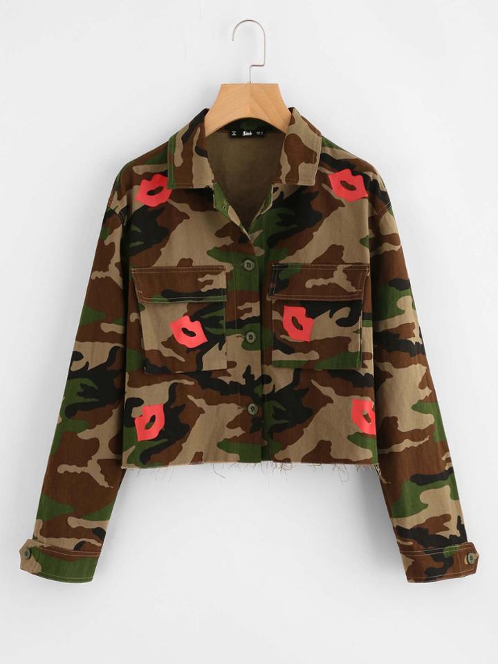 Romwe Flap Pocket Red Lip And Camo Print Jacket