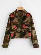 Romwe Flap Pocket Red Lip And Camo Print Jacket
