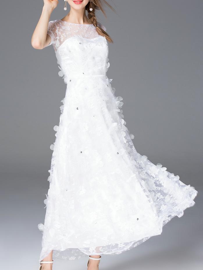 Romwe White Gauze Embroidered Maxi Dress
