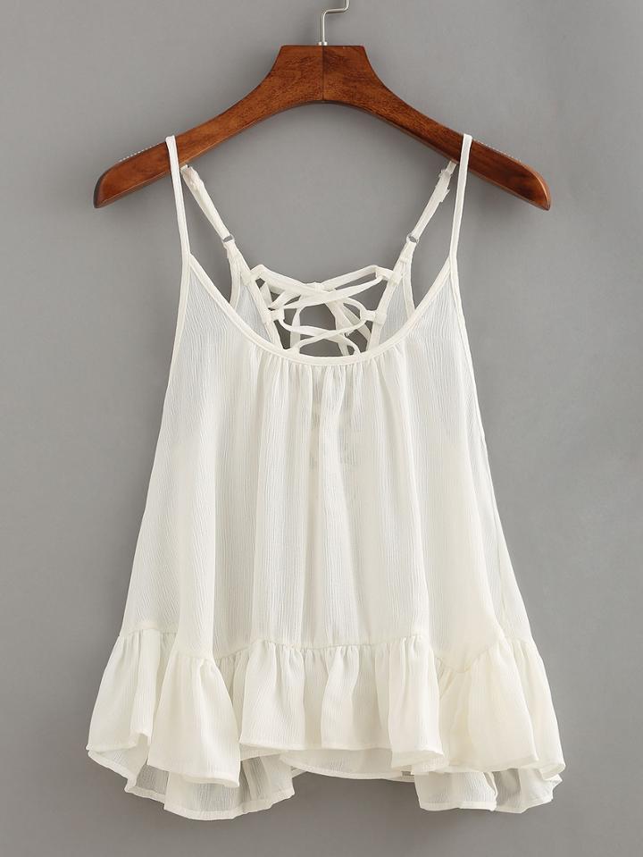 Romwe Lace-up Ruffled Hem Cami Top - White