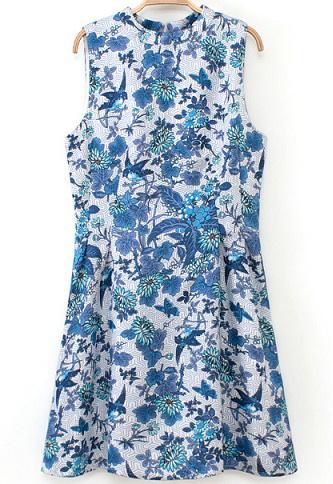Romwe Blue Stand Collar Sleeveless Floral Dress