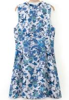 Romwe Blue Stand Collar Sleeveless Floral Dress
