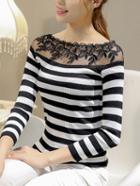 Romwe Striped Lace Embellished Ribbed Jumper