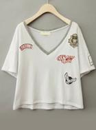 Romwe V Neck Dip Hem Embroidered White T-shirt