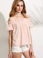 Romwe Pink Off The Shoulder Ruffle Blouse