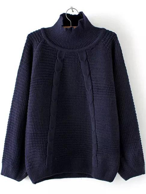 Romwe Navy Turtleneck Raglan Sleeve Sweater
