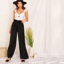 Romwe Paperbag Waist Self Belted Wide Leg Pants
