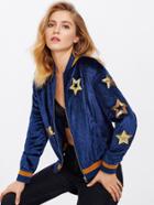 Romwe Sequin Star Embellished Velvet Bomber Jacket