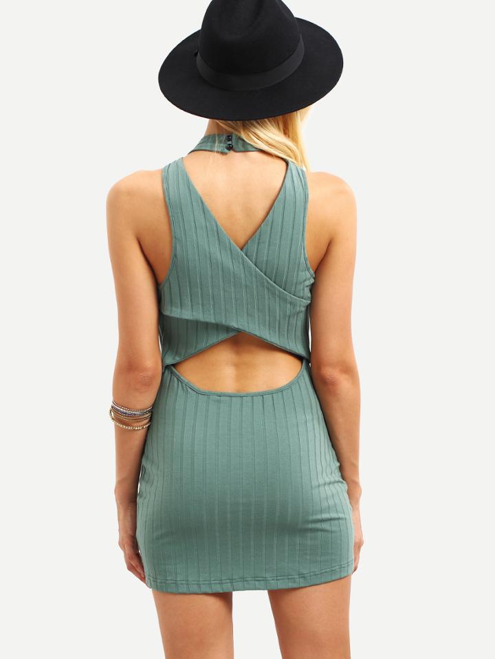 Romwe Mock Neck Ribbed Cutout Cross Back Dress - Green