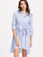 Romwe Blue Bow Tie Front High Low Shirt Dress