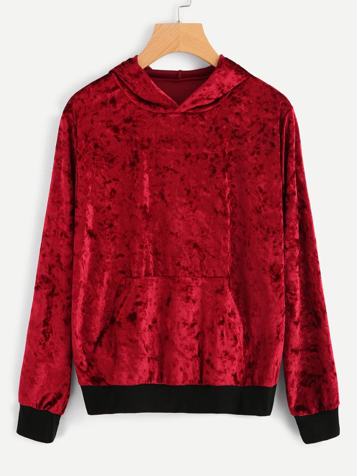 Romwe Velvet Kangaroo Pocket Contrast Trim Hoodie