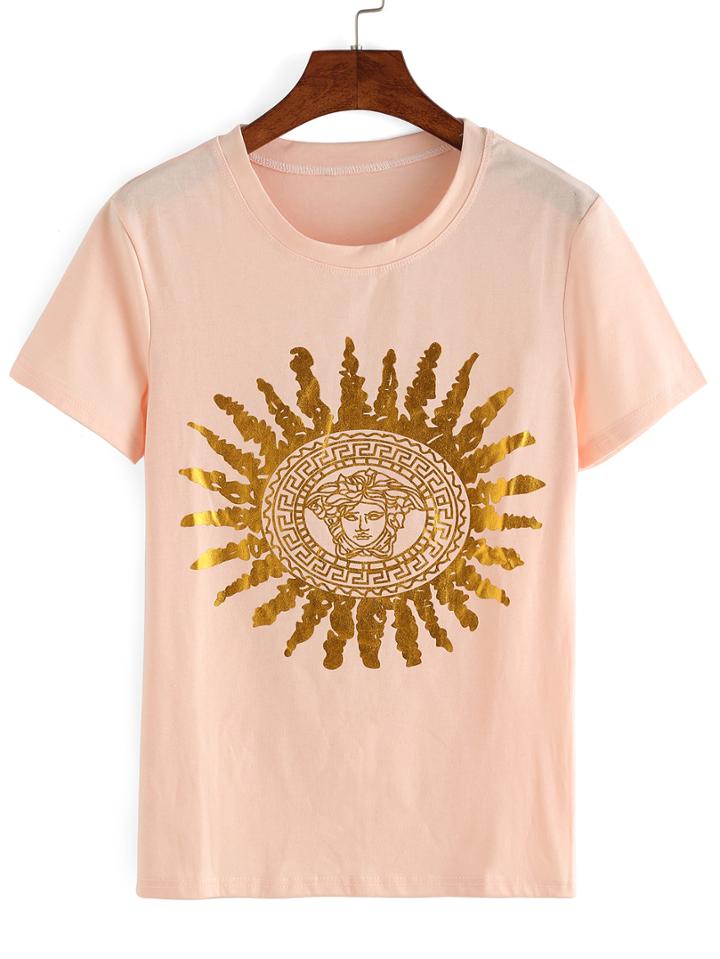 Romwe Gold Graphic Print T-shirt - Pink