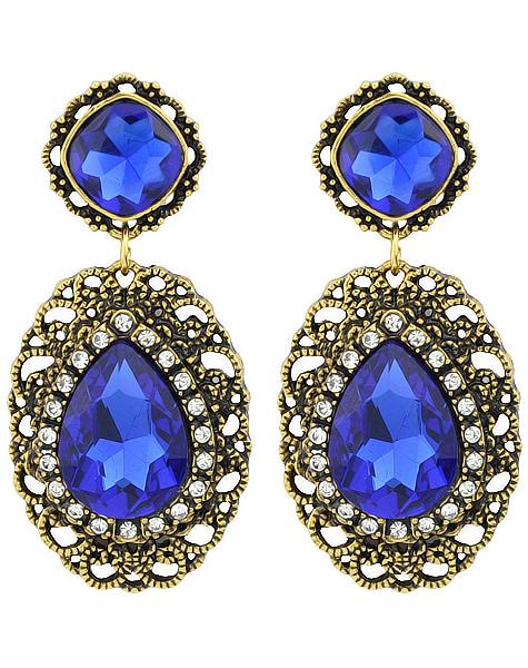 Romwe Blue Gemstone Gold Hollow Earrings