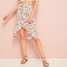 Romwe Ditsy Floral Tie Front Tulip Hem Skirt