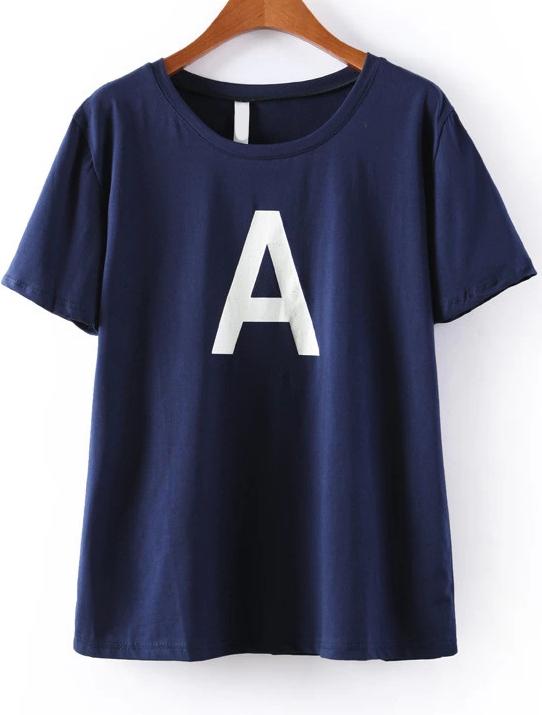 Romwe A Print Loose Navy T-shirt