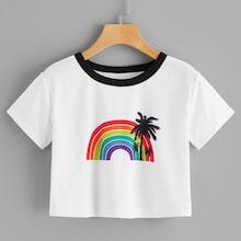 Romwe Rainbow And Tropical Print Ringer Tee