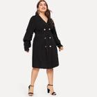 Romwe Plus Notch Collar Gathered Sleeve Buckle Belted Coat