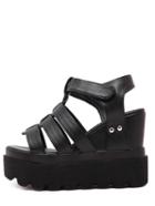 Romwe Black Faux Leather Caged Cutout Wedge Sandals