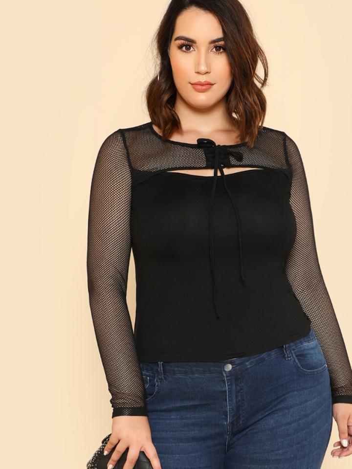 Romwe Mesh Sleeve Cutout Front Tee