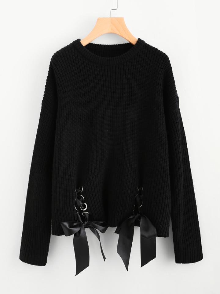 Romwe Double Grommet Lace Up Hem Jumper