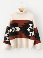 Romwe Geometric Pattern Turtleneck Sweater