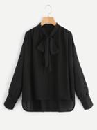 Romwe Bow Tie Neck High Low Blouse