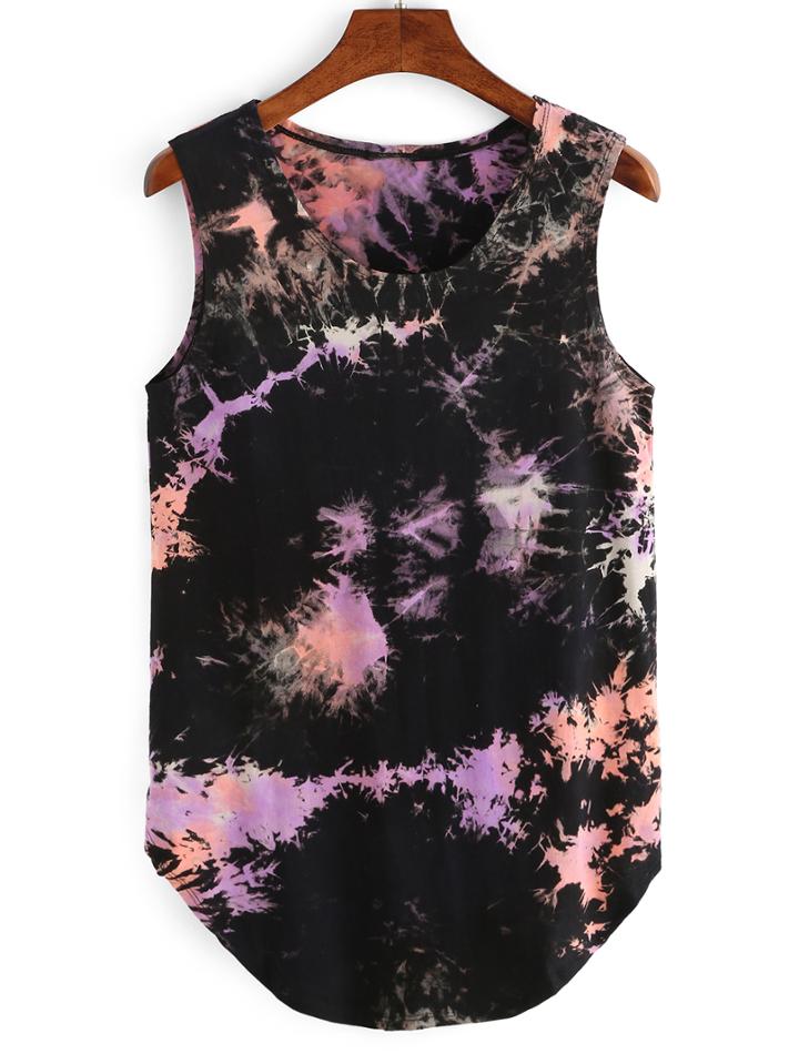 Romwe Tie Dye Print Curved Hem Tank Top