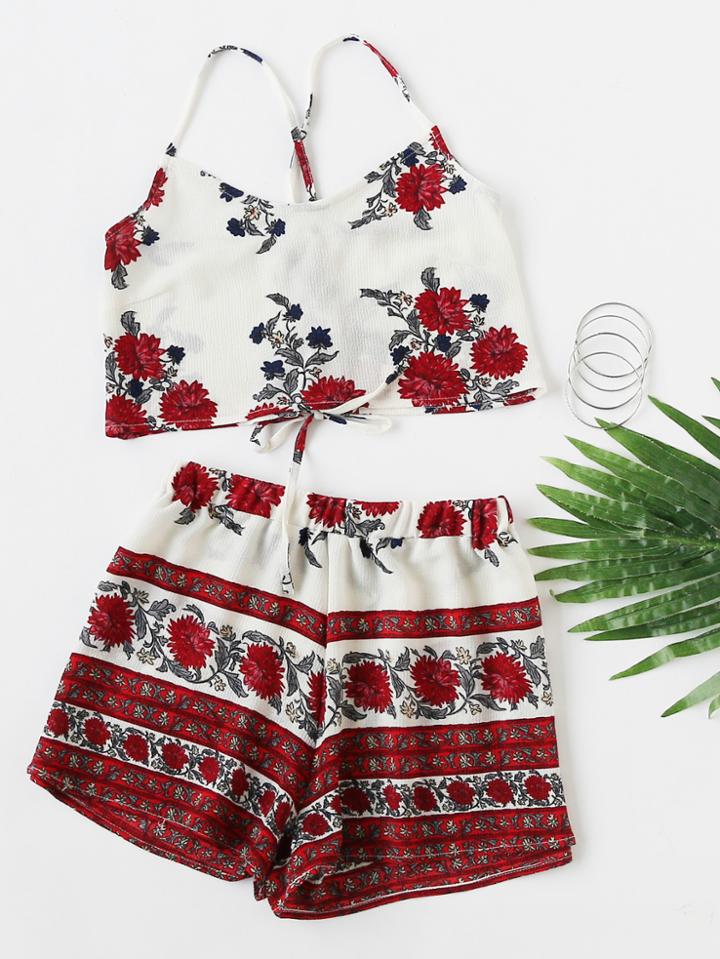 Romwe Floral Print Lace Up Back Crop Cami Top With Shorts