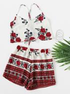Romwe Floral Print Lace Up Back Crop Cami Top With Shorts