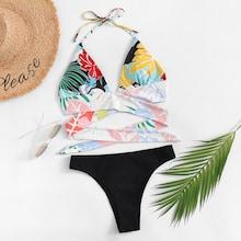 Romwe Plants Print Wrap Halter Top With High Leg Bikini