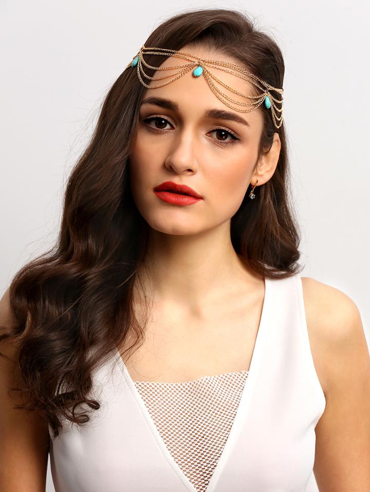 Romwe Turquoise Gold Chain Hair Accessories
