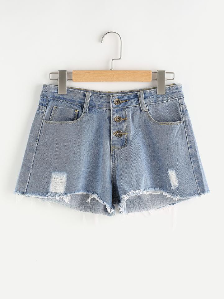 Romwe Distress Raw Cut Fray Hem Denim Shorts