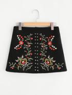Romwe Studs Detail Embroidered Suede Skirt