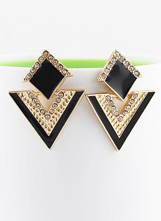 Romwe Black Triangle Gold Crystal Earrings