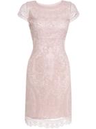Romwe Pink Crew Neck Embroidered Lace Sheath Dress