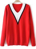Romwe V Neck Chevron Print Red Sweater