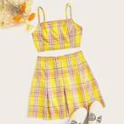 Romwe Plaid Shirred Back Cami Top And Skirt Set