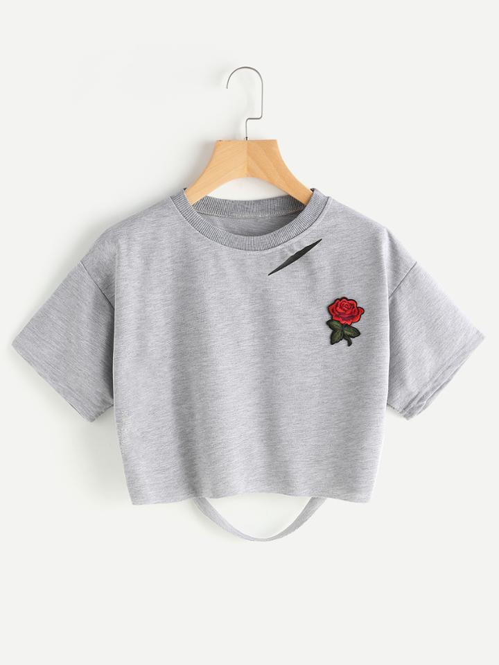 Romwe Rose Patch Ripped Tee