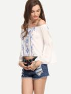 Romwe White Off-the-shoulder Bell Sleeve Embroidery Blouse
