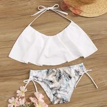 Romwe Flounce Top With Tropical Tie Side Bikini Set